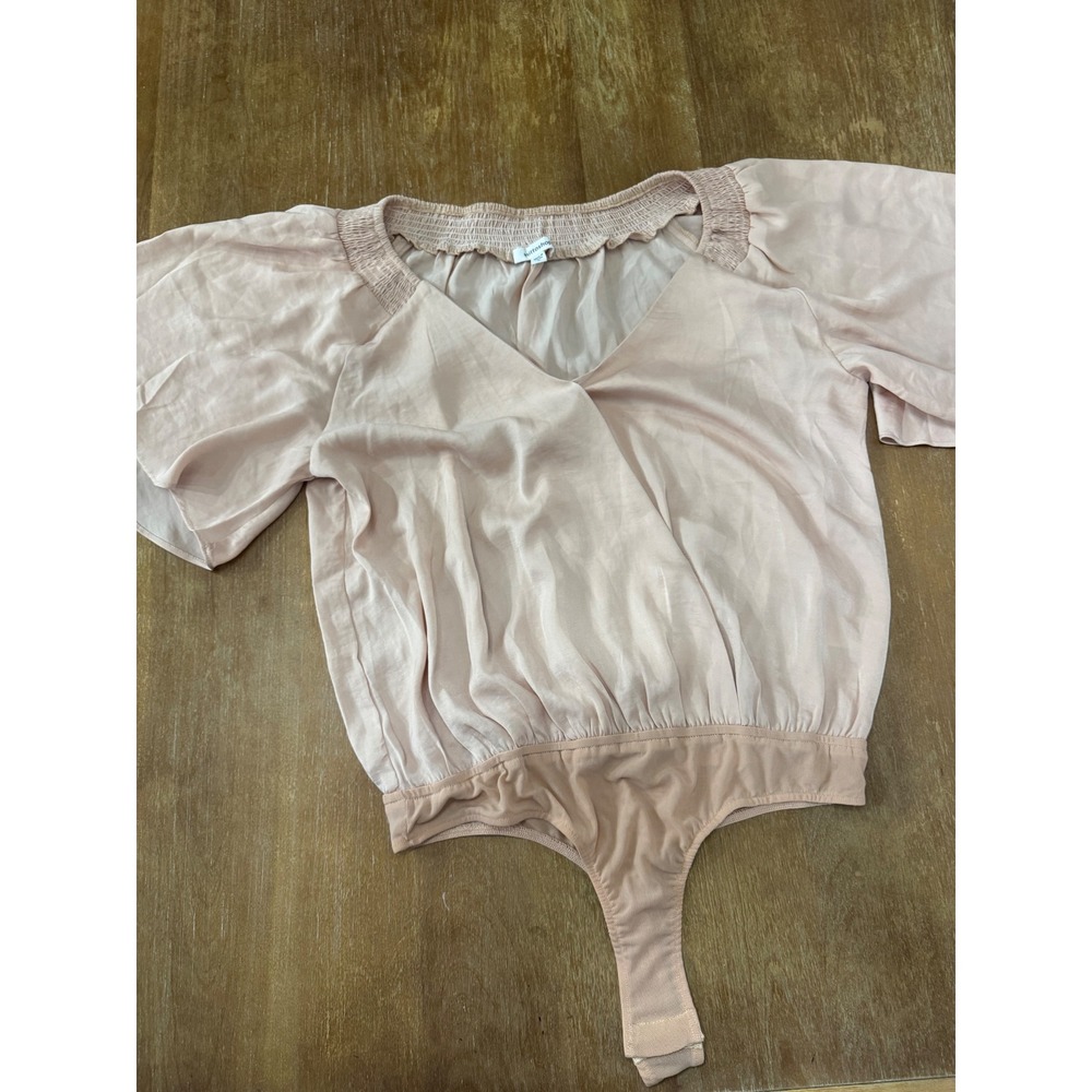 Mittoshop Blush Pink Silky Surplice V-Neck Smocked Bodysuit Short Sleeve Small